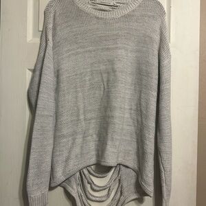 Gray Crew Neck Sweater with Distressed Detailing